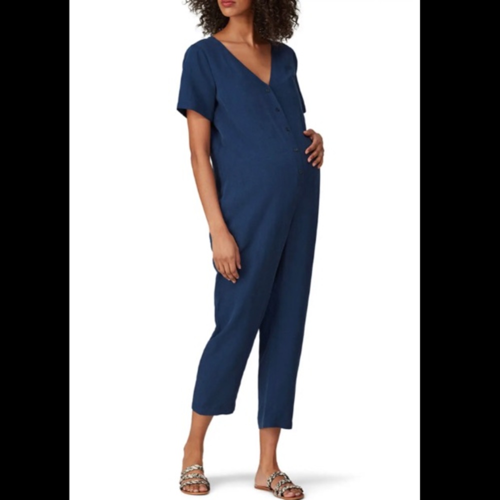 Hatch M/L (2) Maternity Noelle Blue Crepe Linen Jumpsuit